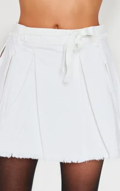 White Bow Tie Belt Pleated Denim Mini Skirt