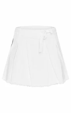 White Bow Tie Belt Pleated Denim Mini Skirt