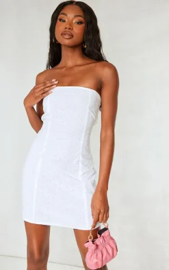 White Broderie Anglaise Bandeau Bodycon Dress