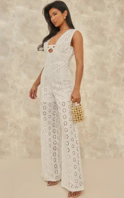 White Broderie Anglaise Tie Bust Sleeveless Jumpsuit