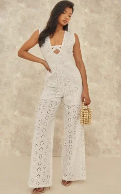 White Broderie Anglaise Tie Bust Sleeveless Jumpsuit