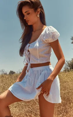 White Broderie Drawstring Floaty Mini Skirt