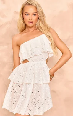 White Broderie One Shoulder Frill Mini Dress