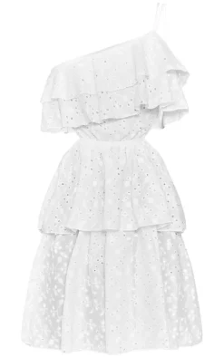 White Broderie One Shoulder Frill Mini Dress
