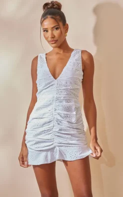 White Broderie Plunge Ruched Frill Hem Bodycon Dress