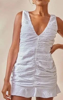 White Broderie Plunge Ruched Frill Hem Bodycon Dress