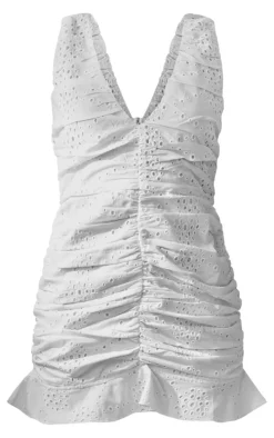 White Broderie Plunge Ruched Frill Hem Bodycon Dress