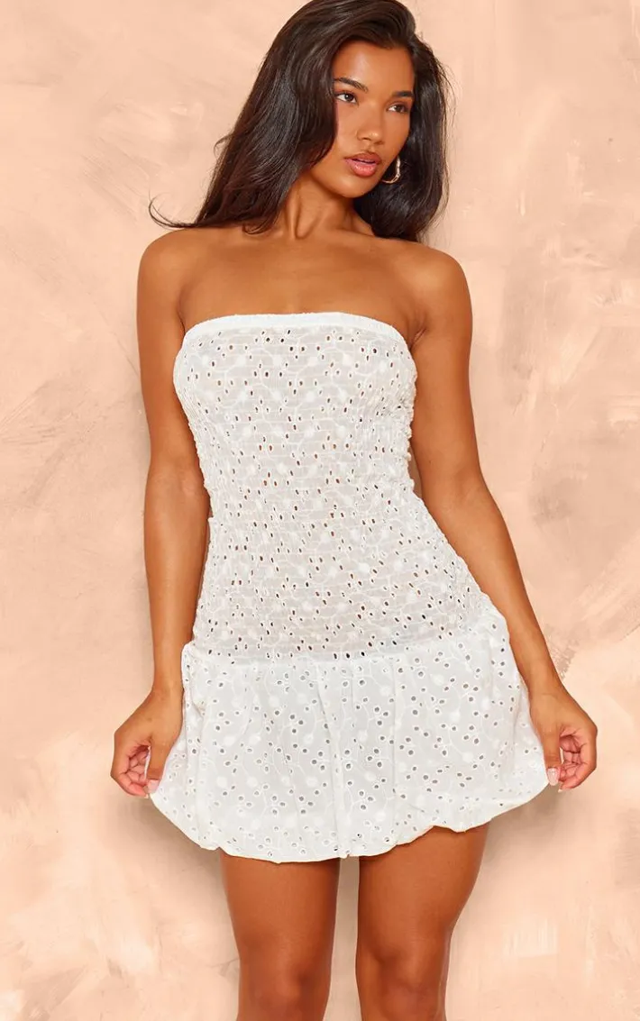 White Broderie Puffball Mini Dress