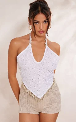 White Broderie Shell Detail Halter Crop Top