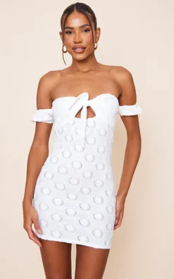White Broderie Tie Bardot Bodycon Dress