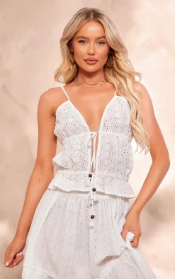 White Broderie Tie Front Crop Cami Top