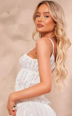 White Broderie Tie Front Crop Cami Top