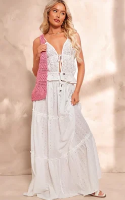 White Broderie Tie Front Crop Cami Top