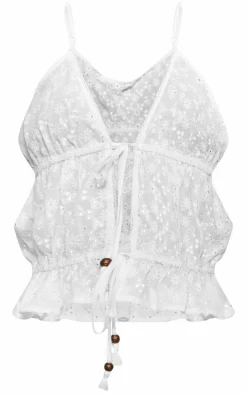 White Broderie Tie Front Crop Cami Top