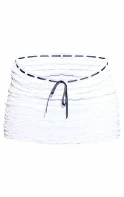 White Bubble Knit Ribbon Detail Mini Skirt