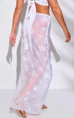 White Burnout Flower Applique Maxi Beach Skirt