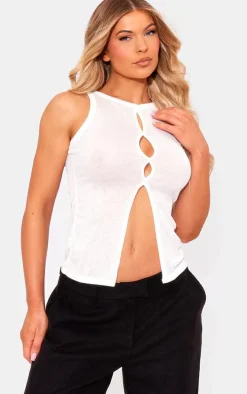 White Burnout Mesh Cut Out Split Hem Long Top