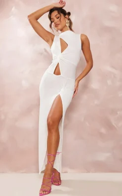 White Burnout Mesh Twist Detail Cut Out Maxi Dress