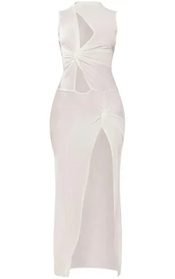 White Burnout Mesh Twist Detail Cut Out Maxi Dress