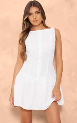 White Button Down Scoop Back Shift Dress