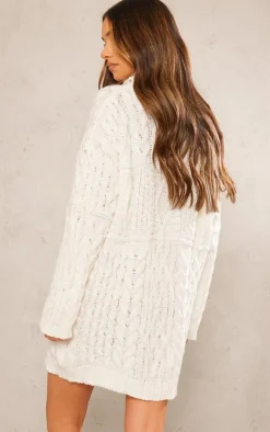 White Cable Panels Roll Neck Knitted Sweater