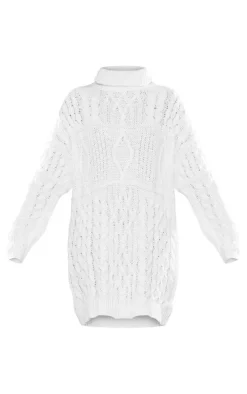 White Cable Panels Roll Neck Knitted Sweater