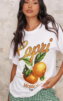 White Capri Orange Graphic Oversized T Shirt