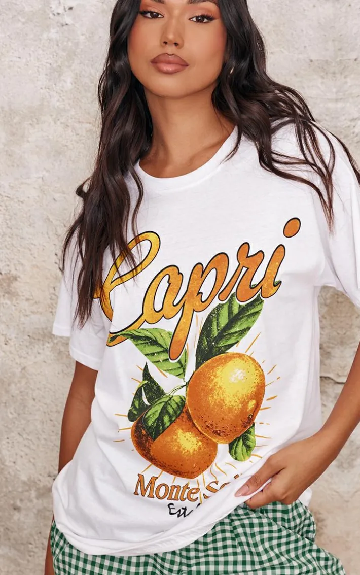 White Capri Orange Graphic Oversized T Shirt