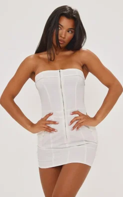 White Cargo Pocket Zip Up Bandeau Bodycon Dress