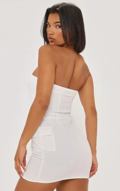 White Cargo Pocket Zip Up Bandeau Bodycon Dress