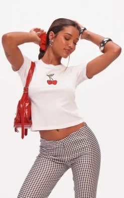 White Cherry Embroidered Fitted T Shirt