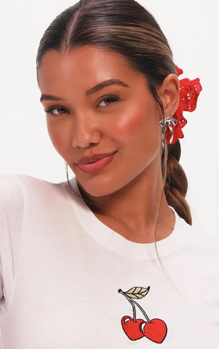 White Cherry Embroidered Fitted T Shirt