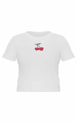 White Cherry Embroidered Fitted T Shirt