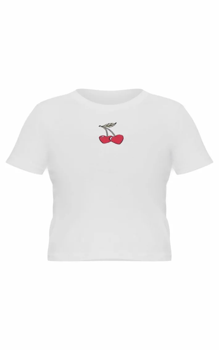 White Cherry Embroidered Fitted T Shirt