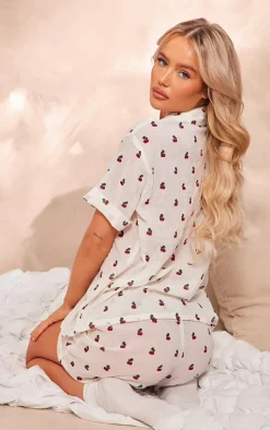 White Cherry Print Crinkle Short Sleeve Pj Set