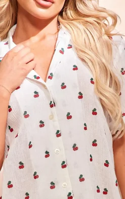 White Cherry Print Crinkle Short Sleeve Pj Set
