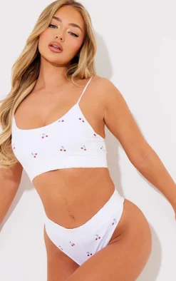 White Cherry Print Ribbed Scoop Neck Bralette
