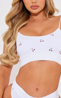 White Cherry Print Ribbed Scoop Neck Bralette