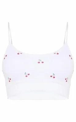 White Cherry Print Ribbed Scoop Neck Bralette
