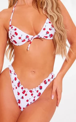 White Cherry Print Ruched High Leg Bikini Bottoms