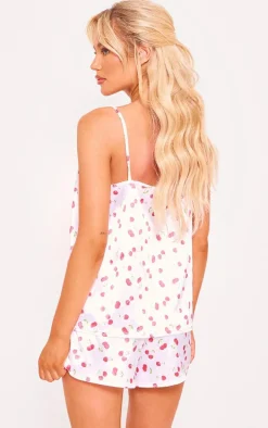 White Cherry Print Satin Cami Short PJ Set