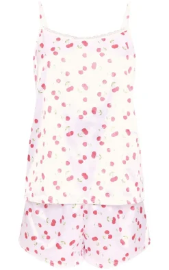 White Cherry Print Satin Cami Short PJ Set