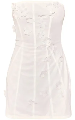 White Chiffon Bandeau Floral Applique Shift Dress