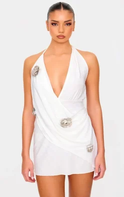 White Chiffon Diamante Floral Mini Dress