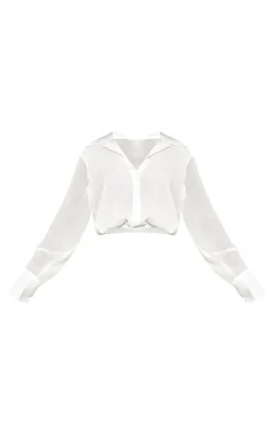 White Chiffon Elastic Waist Long Sleeve Shirt