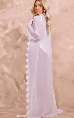 White Chiffon Flower Trim Maxi Beach Kimono