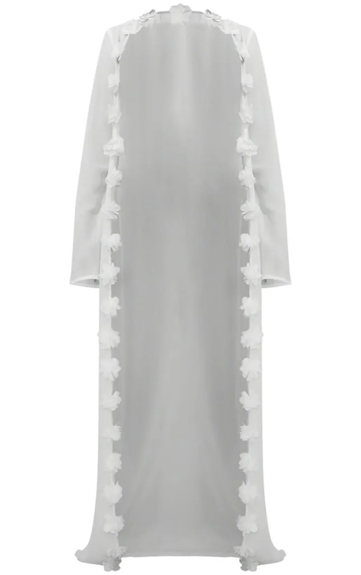 White Chiffon Flower Trim Maxi Beach Kimono