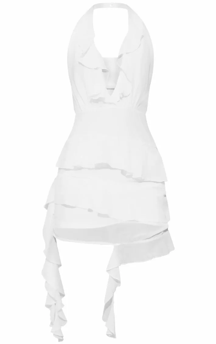 White Chiffon Frill Detail Drape Halter Neck Mini Dress