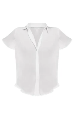 White Chiffon Plisse Short Sleeve Shirt