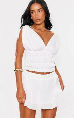 White Chiffon Ruched Mini Ruffled Skirt